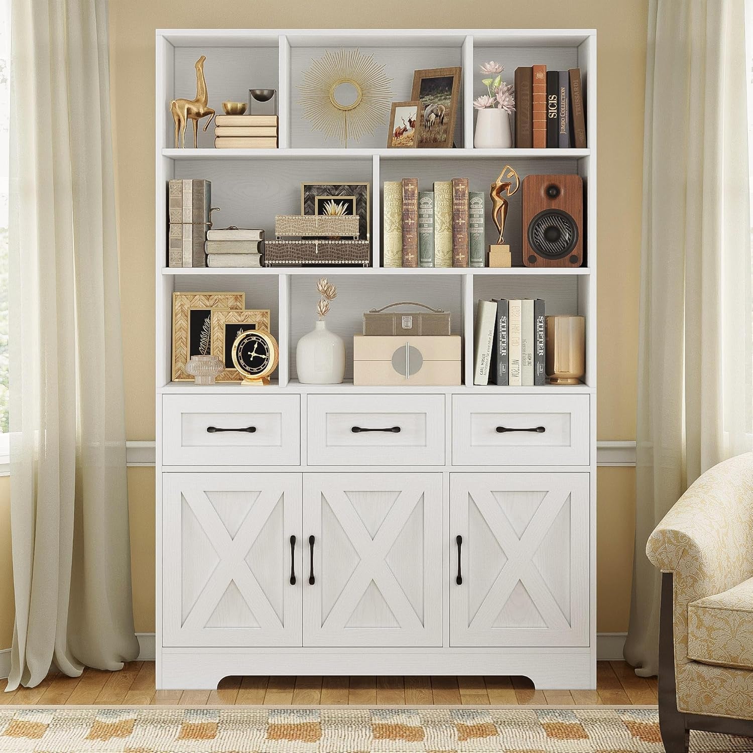 Bookshelf with Drawers & Doors, Tall Bookshelf with Storage, Bookcase with Cabinets for Home Office, Living Room, White