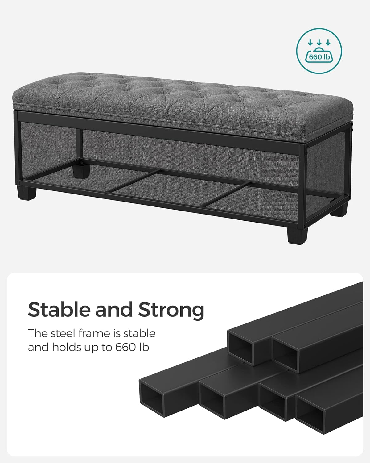 Storage Ottoman Bench, Foot Rest with Legs, 15.7 X 43.3 X 15.7 Inches, End of Bed Bench, Storage Chest, Load up to 660 Lb, for Living Room, Bedroom, Entryway, Dark Gray ULSF088G01