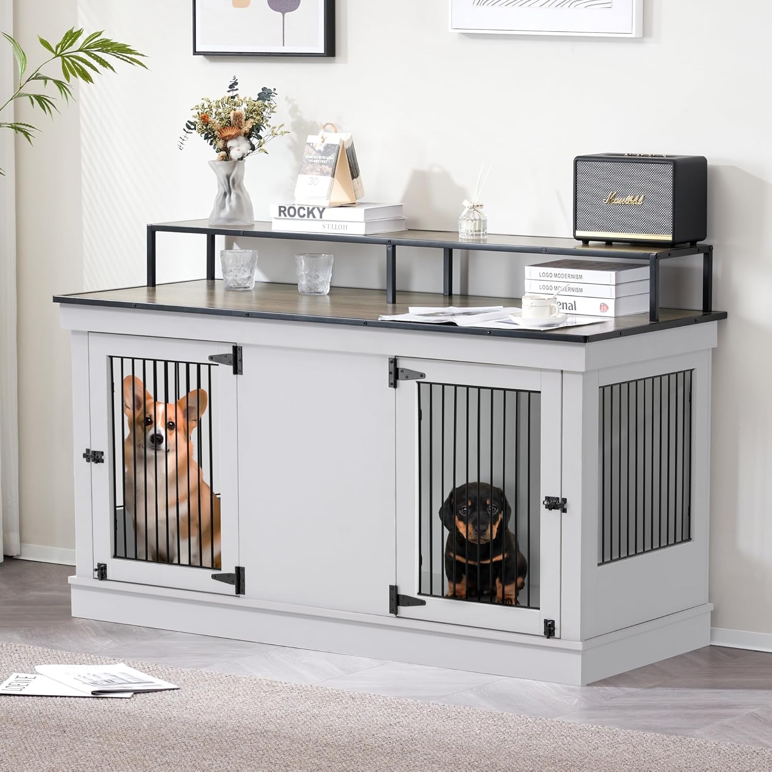 Large Dog Crate Furniture TV Stand, Wooden Pet Kennel with Double Doors, Indoor Furniture Style Dog House End Table, 1861 (Light Grey)