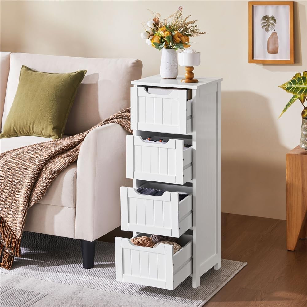 Bathroom Floor Cabinet, Wooden Side Storage Organizer, 4 Drawers Free-Standing Cabinet for Bathroom/Hallway/Living Room, White