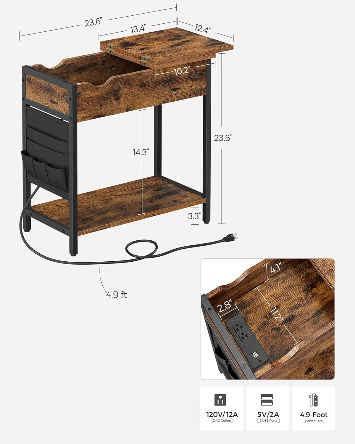 Side Tables with Storage, Set of 2 End Tables with USB Ports and Outlets, Nightstands with Charging Stations, Fabric Bags, for Living Room, Bedroom, Rustic Brown and Black ULET315B01V1