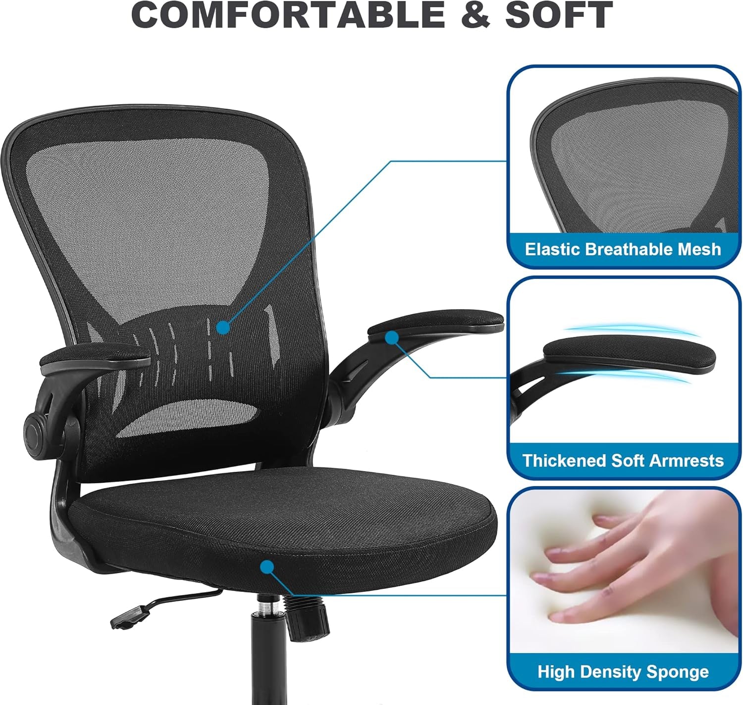 Mesh Office Chair, Ergonomic Home Office Desk Chairs with Flip-Up Arms and Lumbar Support, Height Adjustable, Black