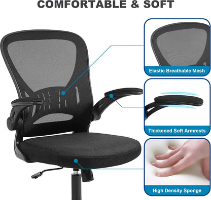 Mesh Office Chair, Ergonomic Home Office Desk Chairs with Flip-Up Arms and Lumbar Support, Height Adjustable, Black