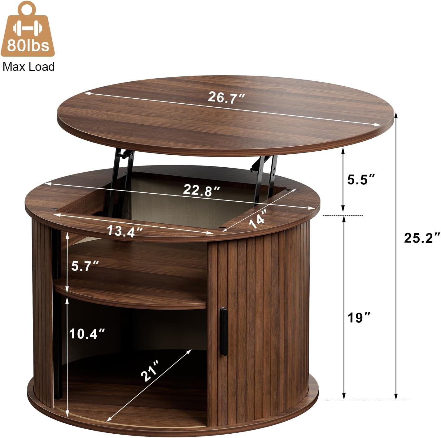round Lift Top Coffee Table, Fluted Wood Accent Coffee Table with Hidden Storage and Open Shelves, Drum Table with Sliding Rolling Door, Small Center Table Dining Table for Living Room, Walnut