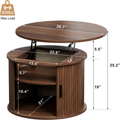 round Lift Top Coffee Table, Fluted Wood Accent Coffee Table with Hidden Storage and Open Shelves, Drum Table with Sliding Rolling Door, Small Center Table Dining Table for Living Room, Walnut