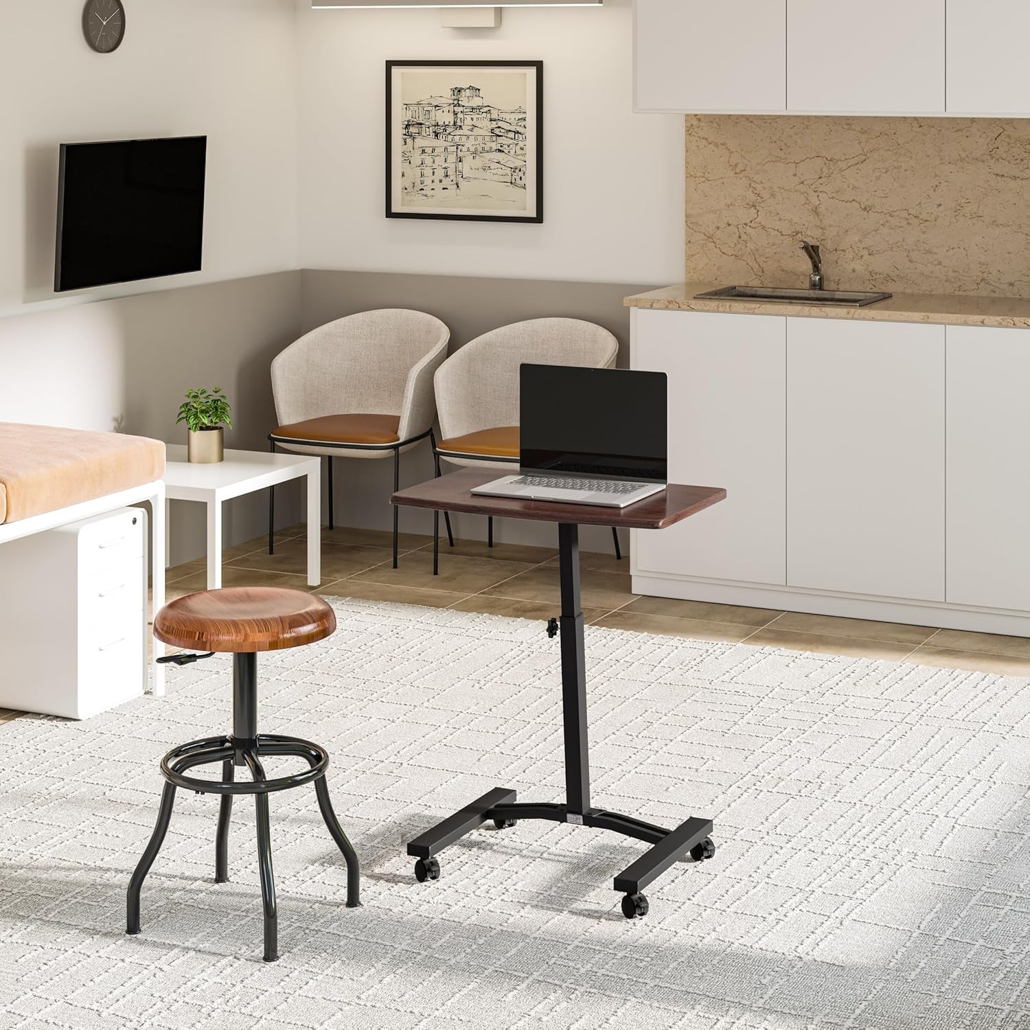 WEB162 Mobile Laptop Computer Desk Cart Height-Adjustable from 20.5" to 33", Slim, Walnut