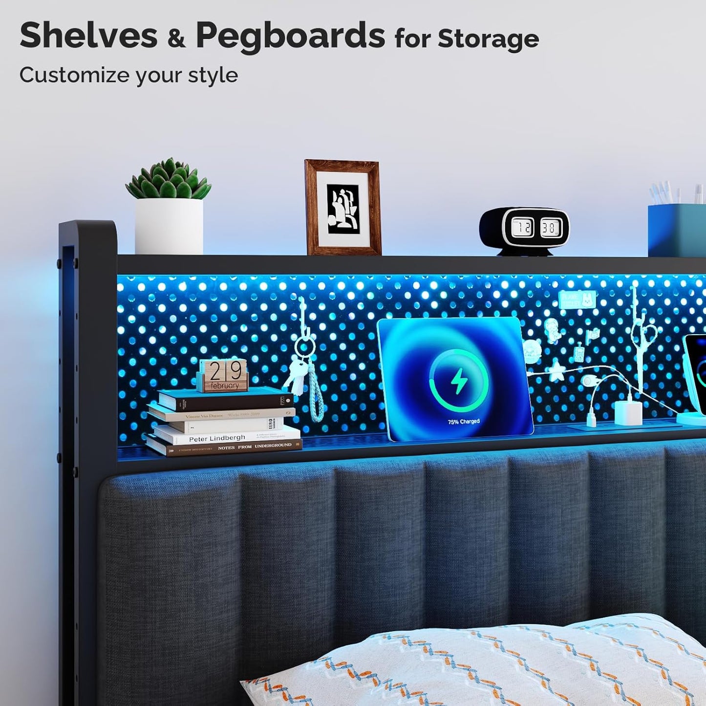 King Size Headboard Only, Adjustable Upholstered Headboard with 2 Tier Shelves and Pegboard with Charging Stations and LED Lights, Modern Bed Headboard with Storage for Bedroom Decor