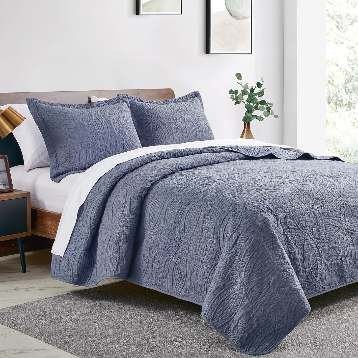King Size Quilt Set Blue Bedspreads - Soft Bed Summer Lightweight Bedspread Comforter - Modern Style Coin Pattern Coverlet for All Season - 3 Pieces (1 Quilt, 2 Pillow Shams)