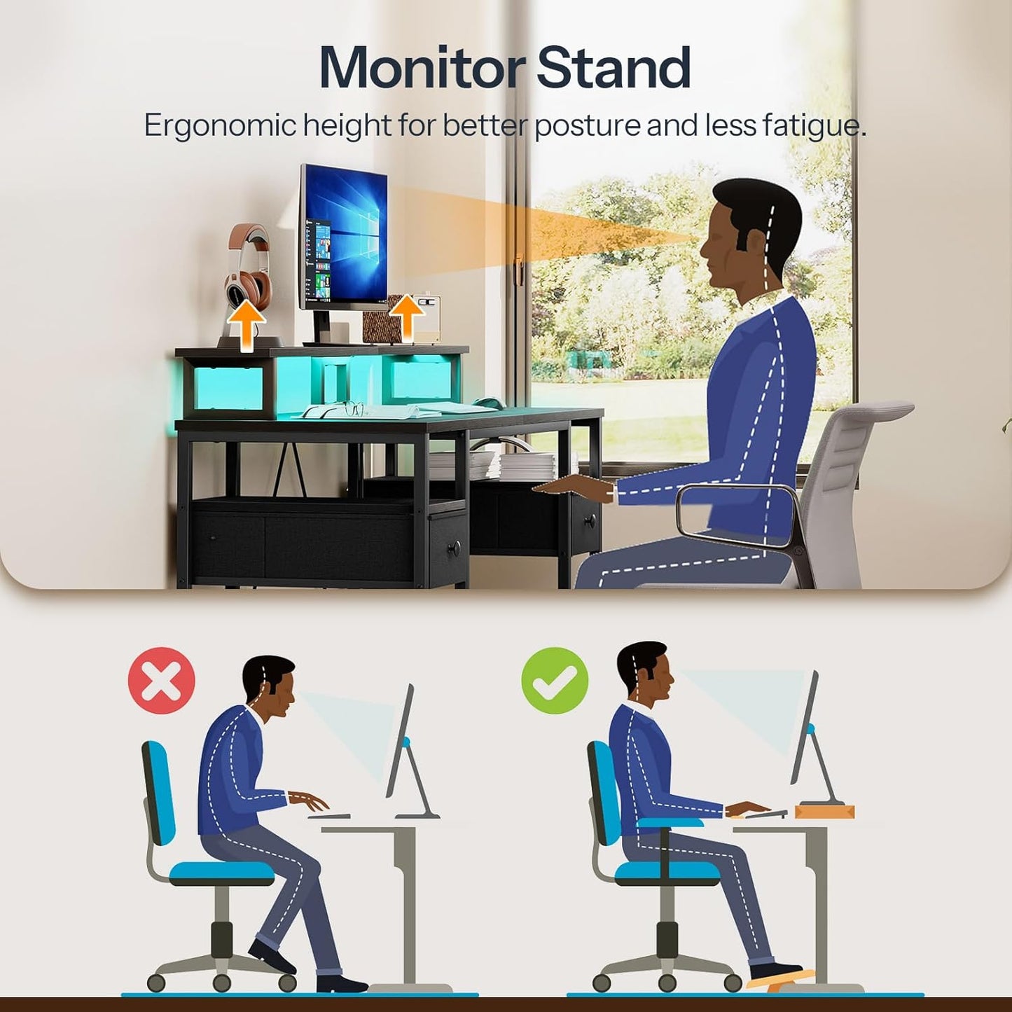 47 Inch Gaming Desk with LED Lights & Power Outlets, Computer Desk with Monitor Stand and Drawers, Gaming Table with Storage Shelves for Home Office, Study, Working, Black BB47UDDN01