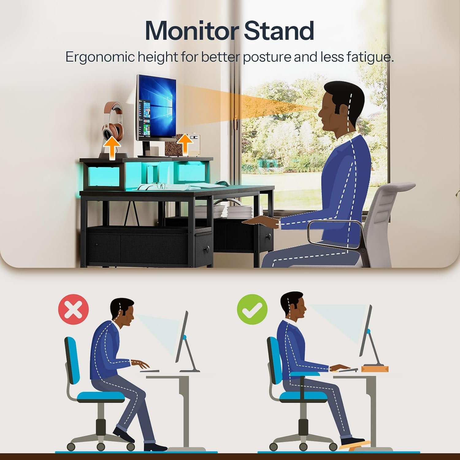 47 Inch Gaming Desk with LED Lights & Power Outlets, Computer Desk with Monitor Stand and Drawers, Gaming Table with Storage Shelves for Home Office, Study, Working, Black BB47UDDN01