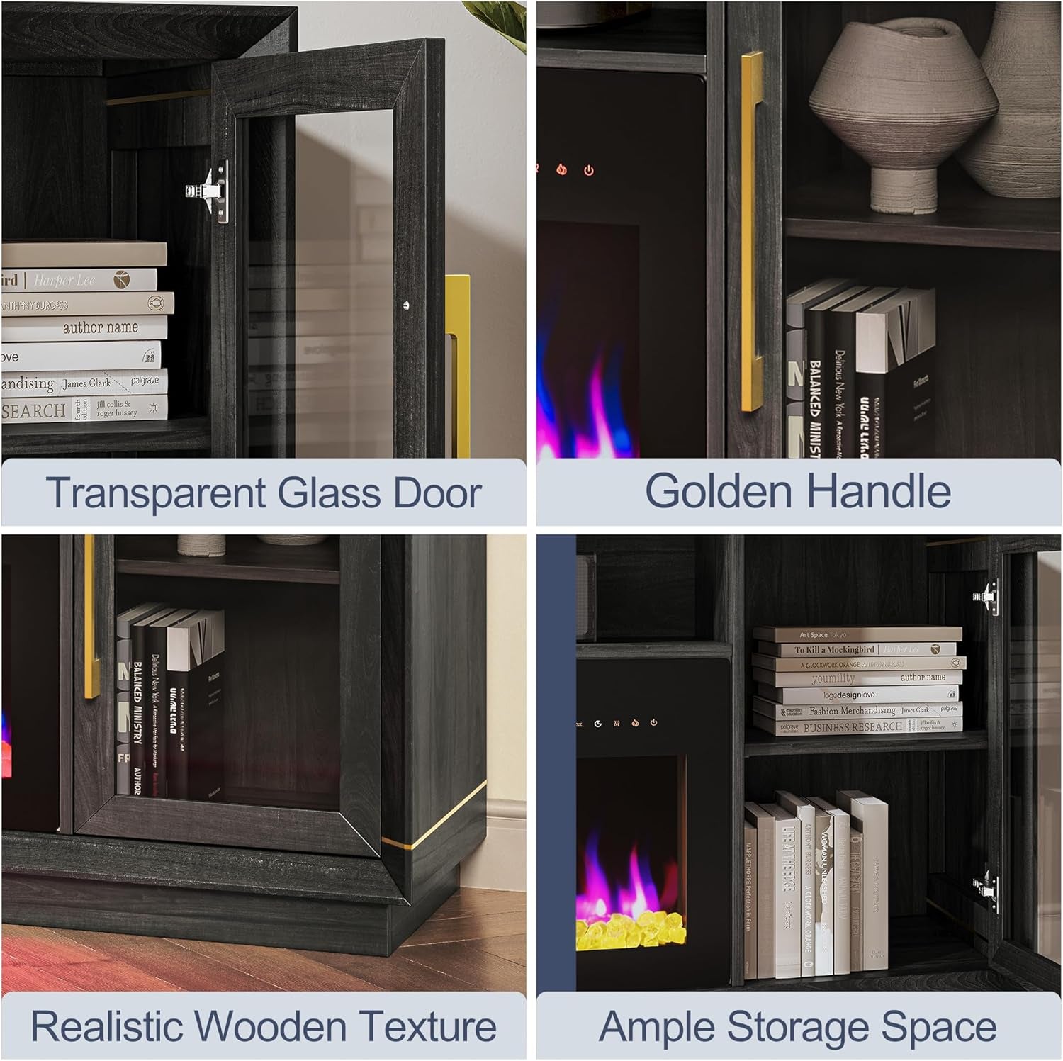 74" Extra Large TV Stand for Tvs up to 85", Media Console Table with 42" Electric Fireplace Heater, Entertainment Center with Storage Cabinets for Living Room, Bedroom - Sienna (Black Ebony)