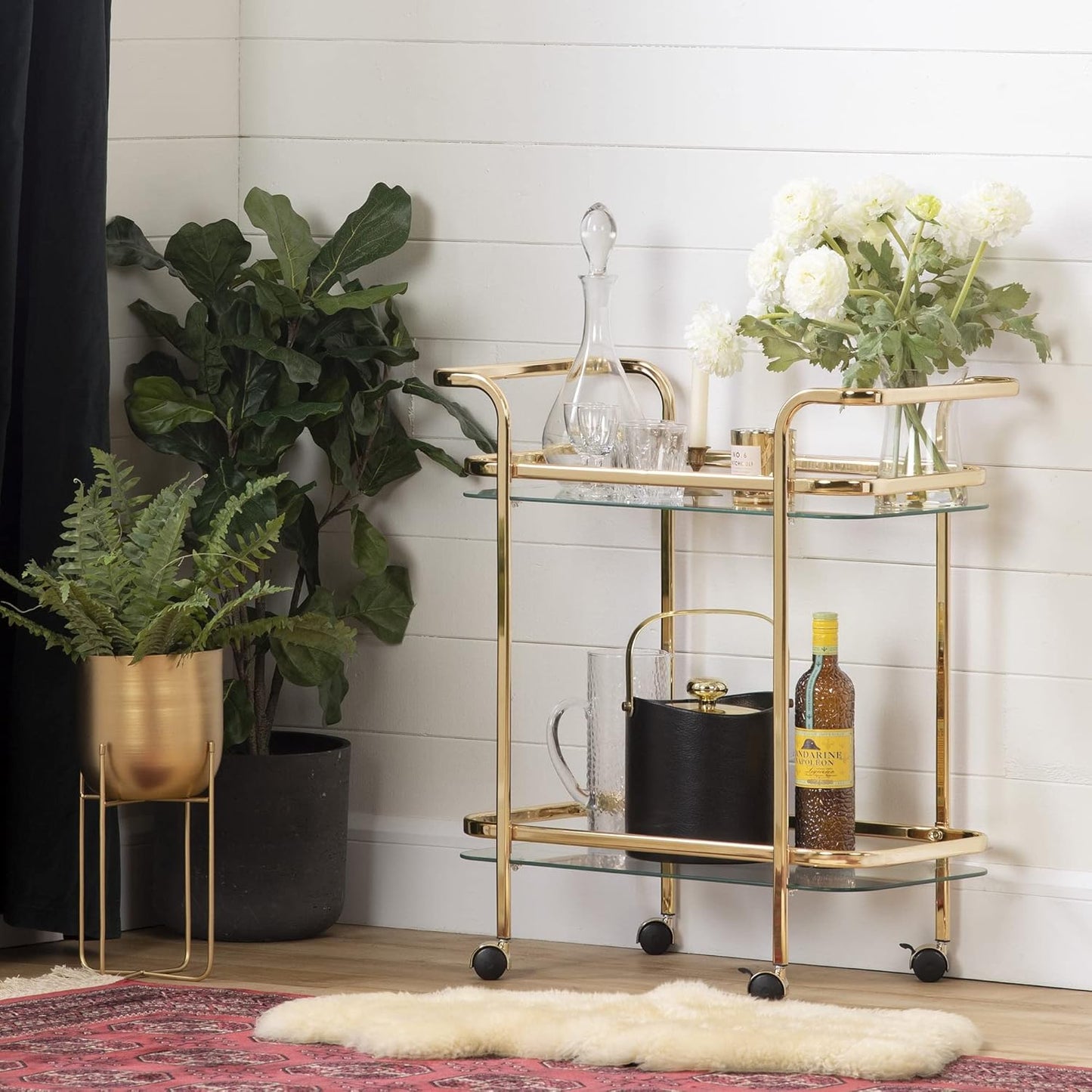 Maliza Bar Cart-Gold and Glass, 13.75"D X 27"W X 29"H