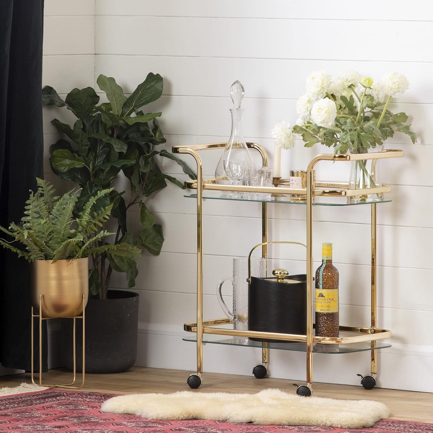 Maliza Bar Cart-Gold and Glass, 13.75"D X 27"W X 29"H
