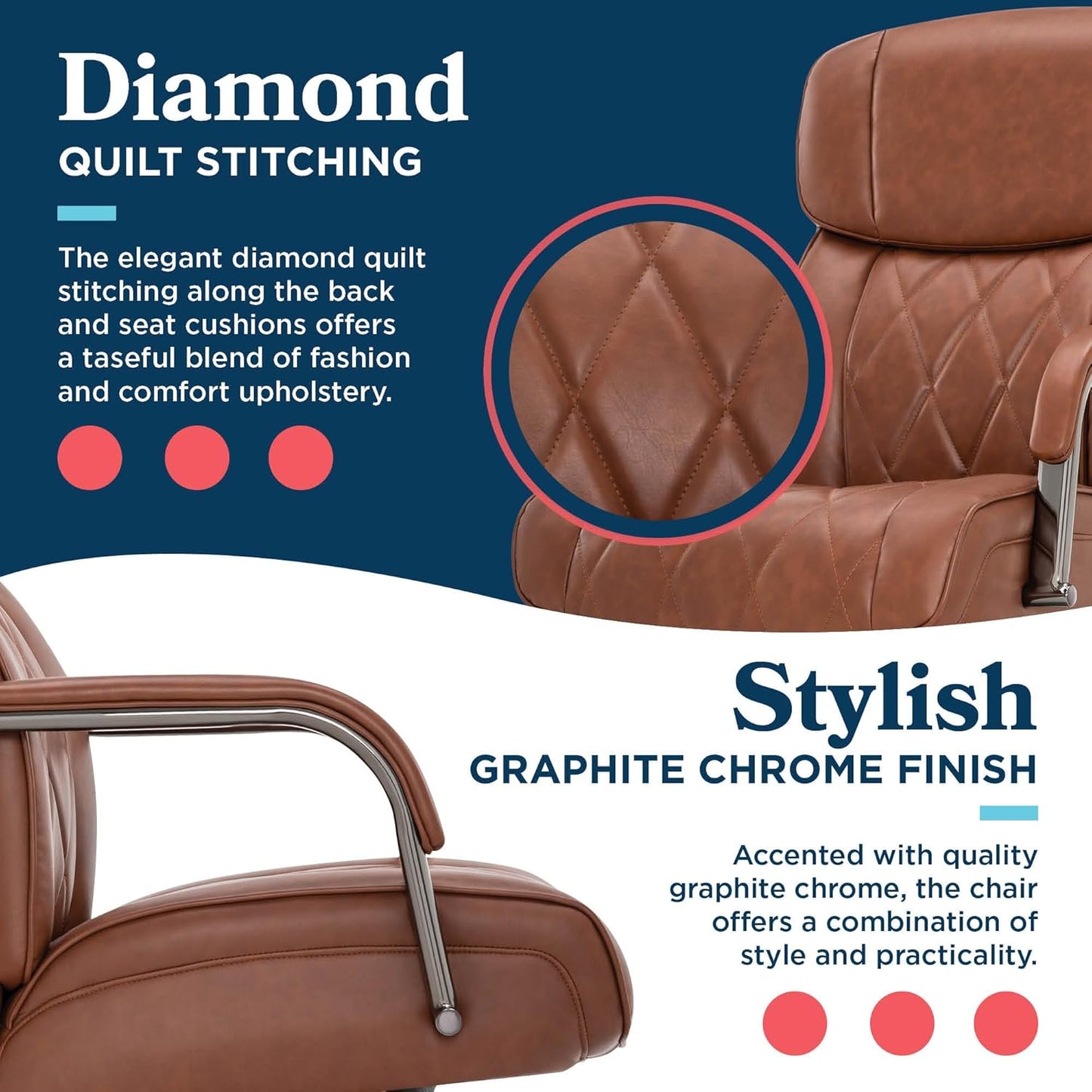 Symphony Executive Mid-Back Office Chair, Diamond Quilt Seat and Back, Pocket Coil Cushion, Padded Armrests, Ergonomic Computer Deskchair, Swivel Metal Base, Bonded Leather, Cognac/Graphite