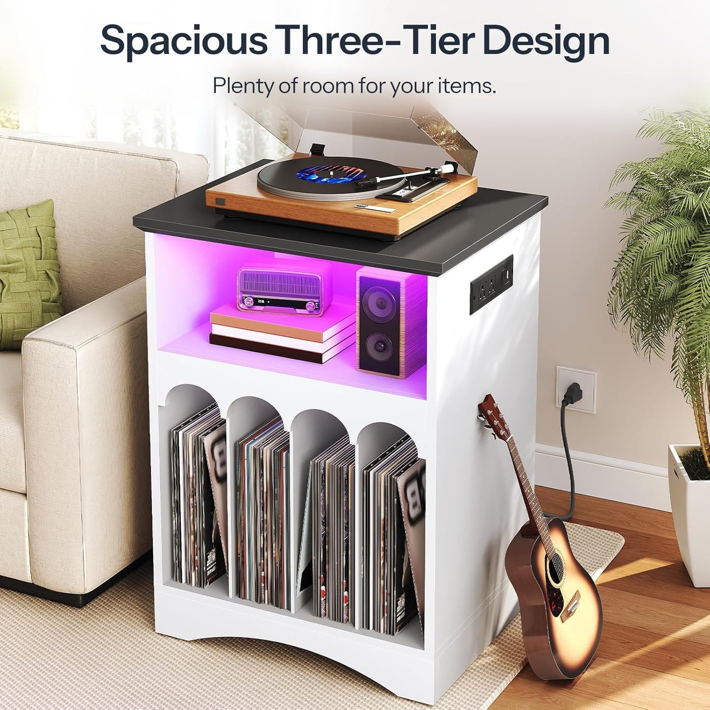 Farmhouse Record Stand with Charging Station and LED Lights, Compact Vinyl Storage Cabinet Holds up to 230 Albums, Turntable Holder for Living Room, Bedroom, Black and White WB40UDRS01