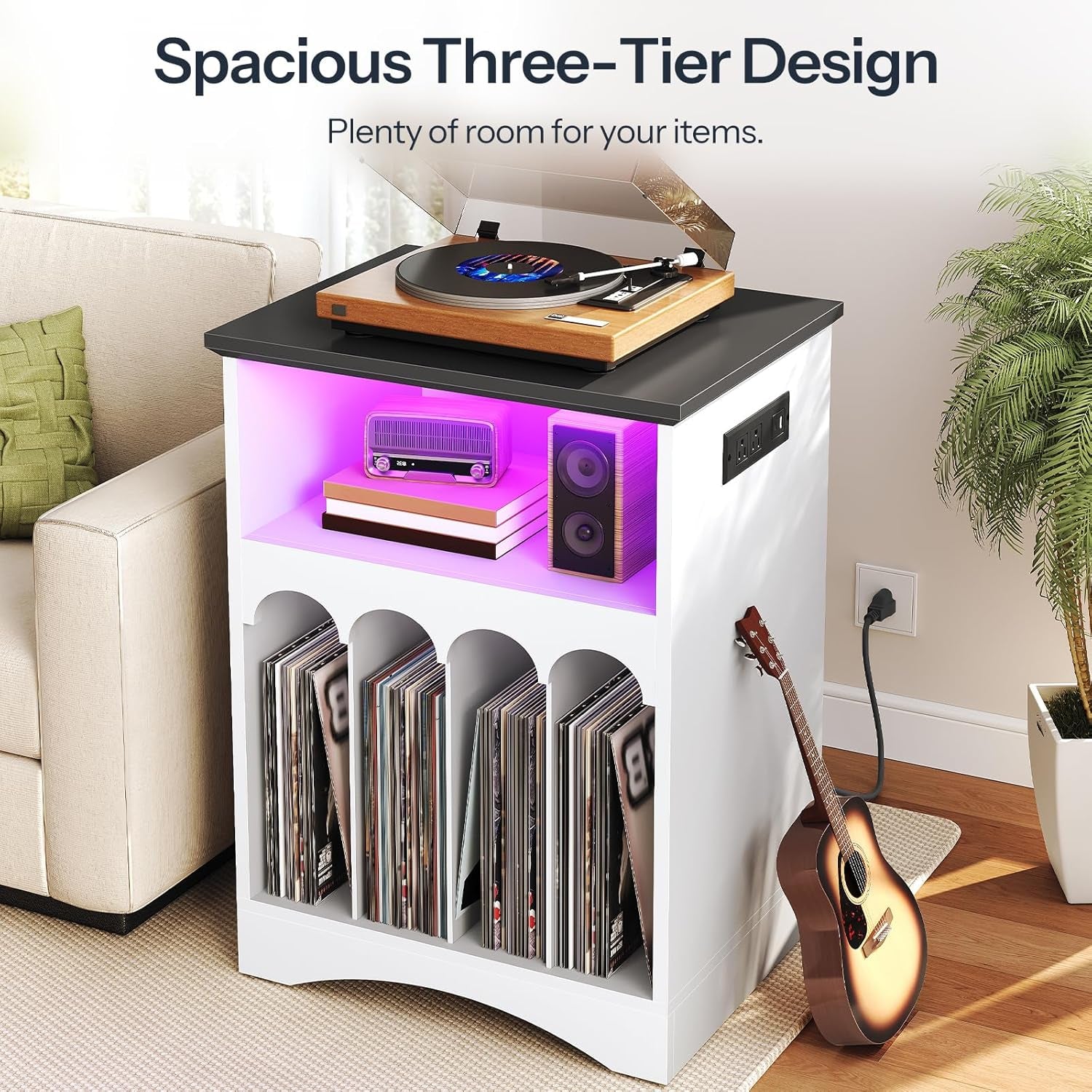 Farmhouse Record Stand with Charging Station and LED Lights, Compact Vinyl Storage Cabinet Holds up to 230 Albums, Turntable Holder for Living Room, Bedroom, Black and White WB40UDRS01
