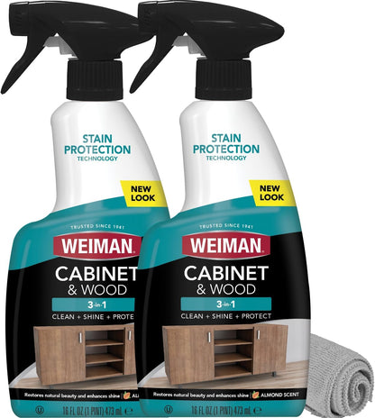Cabinet and Wood Cleaner, Shine, Clean and Protect Spray - for Wood Cabinets, Furniture, Tables, Baseboards, Trim and More, 16 Oz, 2 PACK with Microfiber Towel