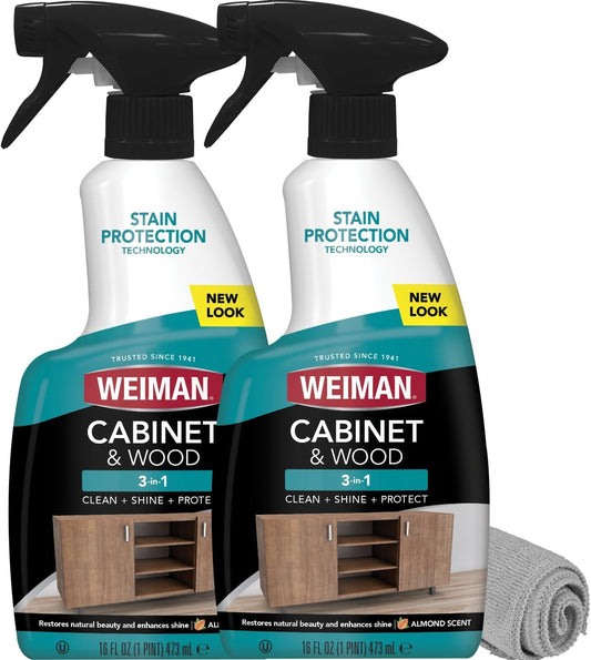 Cabinet and Wood Cleaner, Shine, Clean and Protect Spray - for Wood Cabinets, Furniture, Tables, Baseboards, Trim and More, 16 Oz, 2 PACK with Microfiber Towel