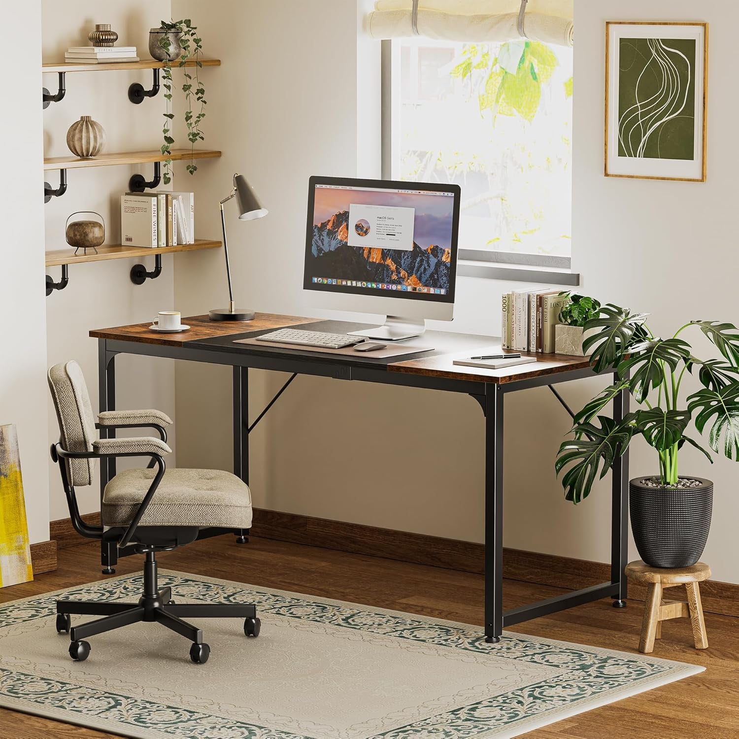 Computer Desk, 63 Inch Office Desk, Gaming Desk with Storage, Writing Desk Work Desk for Home Office, Study, Modern Simple Desk, Large Legroom, Metal Frame, Rustic Brown and Black