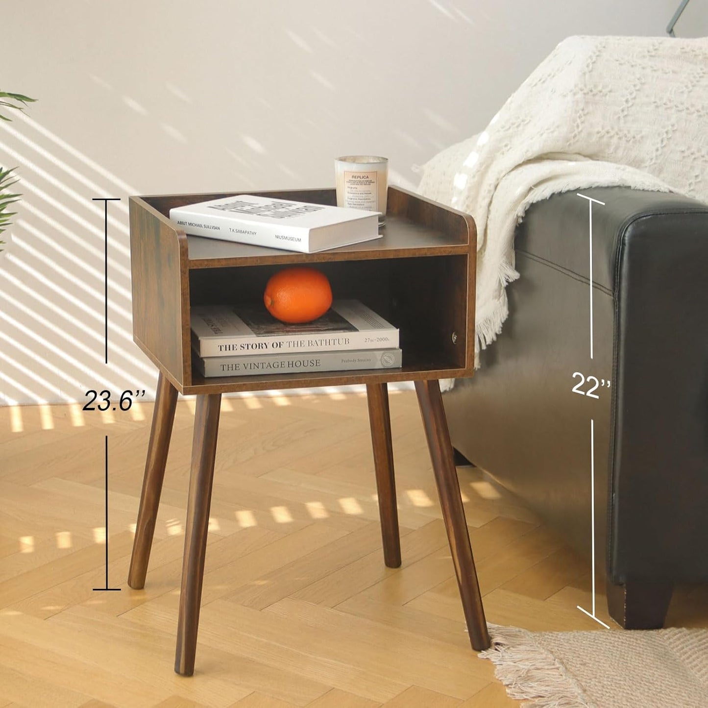 Nightstand, Mid Century Modern Side Table Bedroom with Storage, Small End Bedside Table with Solid Wood Legs for Living Room, Office Small Spaces (Rustic Brown)
