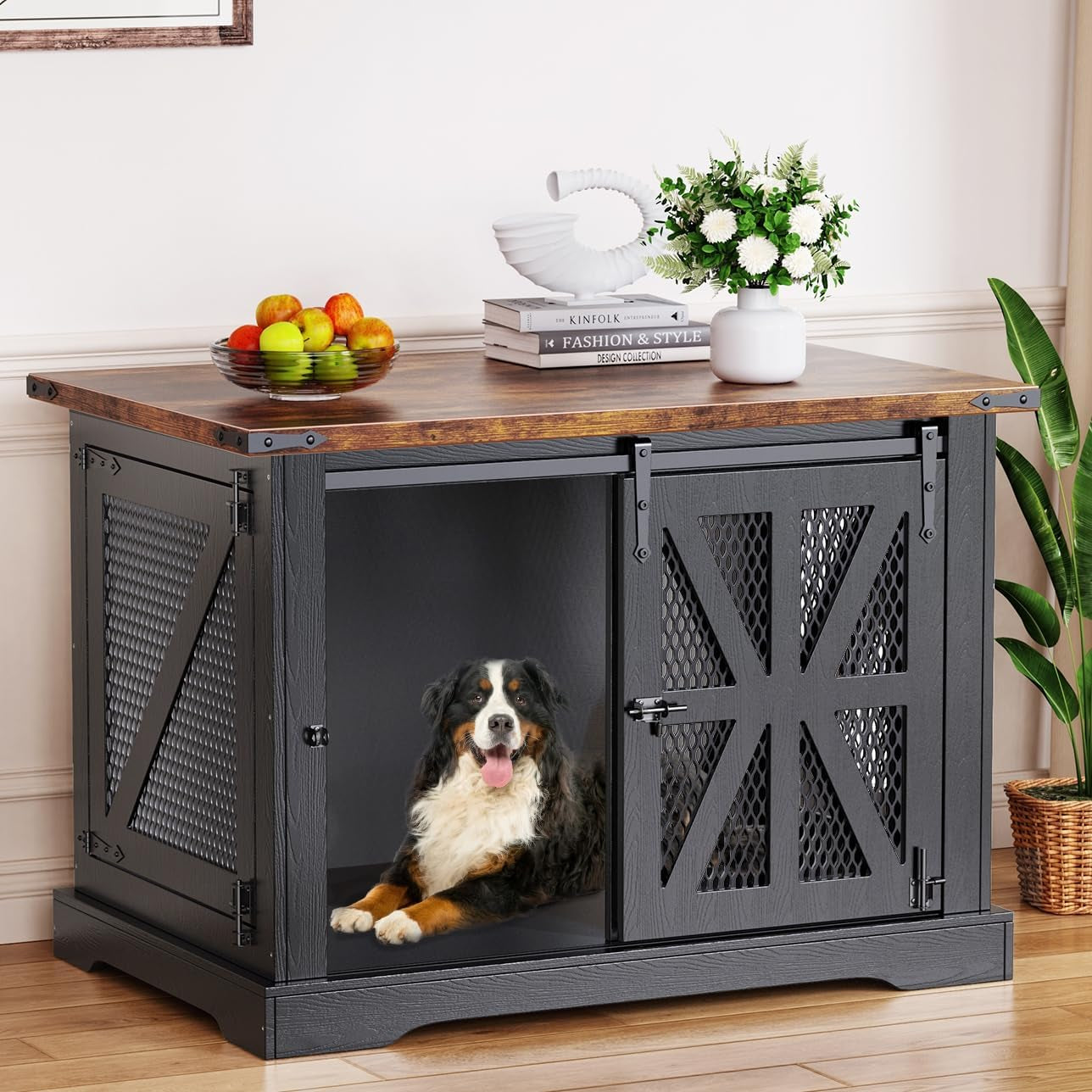 40" Farmhouse Dog Crate Furniture, Heavy Duty Dog Cage for Medium Large Dogs, Dog Crate Dog Kennel Indoor with Double Doors, Chew Resistant End Table for Bedroom Living Room, Black