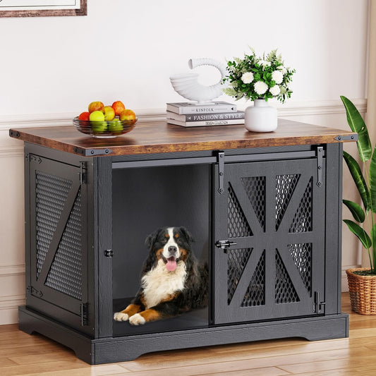40" Farmhouse Dog Crate Furniture, Heavy Duty Dog Cage for Medium Large Dogs, Dog Crate Dog Kennel Indoor with Double Doors, Chew Resistant End Table for Bedroom Living Room, Black