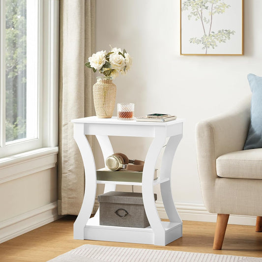 End Table with Charging Station, Skinny Side Table with USB Ports and Outlets, Nightstand, 3 Tier Bedside Table with Storage Shelf for Living Room, Bedroom, Small Space White ETWT53E01
