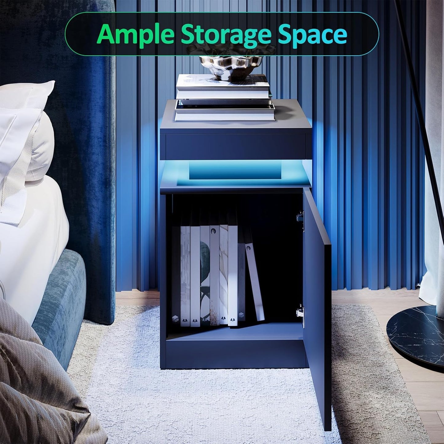 Nightstand Set of 2 with LED Lights,Night Stand with Storage Cabinet for Bedroom,Bedside Table with LED (Black, 15" / Set of 2)