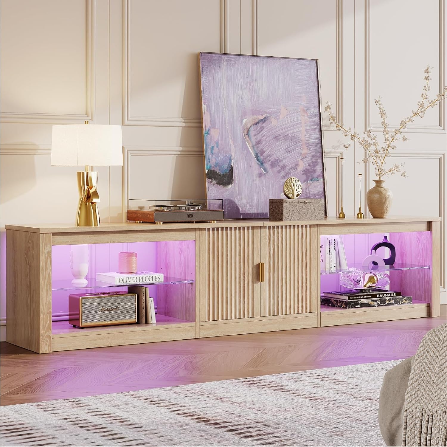 80 Inch TV Stand for 75/85/90 Inch Tvs, LED Entertainment Center with Fluted Storage Cabinet & Adjustable Shelves, Modern Farmhouse Wooden TV Console for Living Room Bedroom, Natual Oak