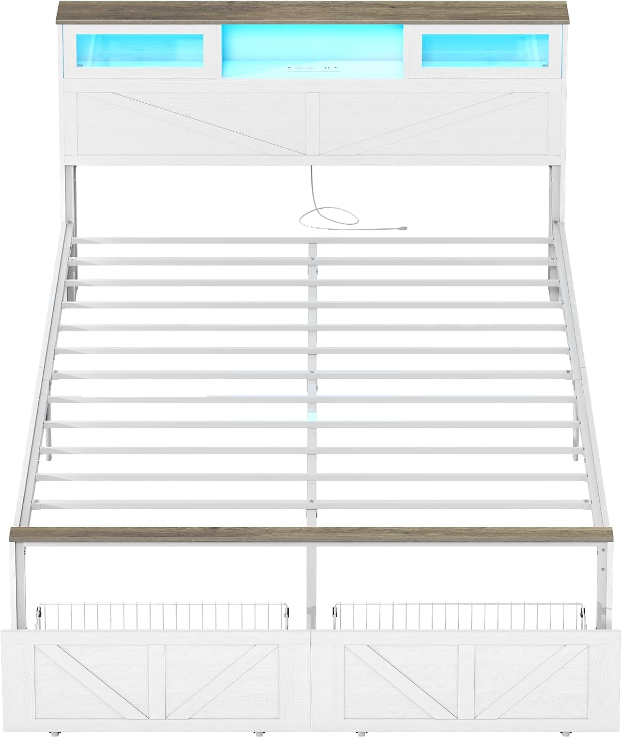 Queen Bed Frame with Headboard, Bed Frame Queen Size with Charging Station, LED Beds with 2 Storage Drawers, Wood Farmhouse Bedframe Queen-Size, Noise-Free and No Box Spring Needed