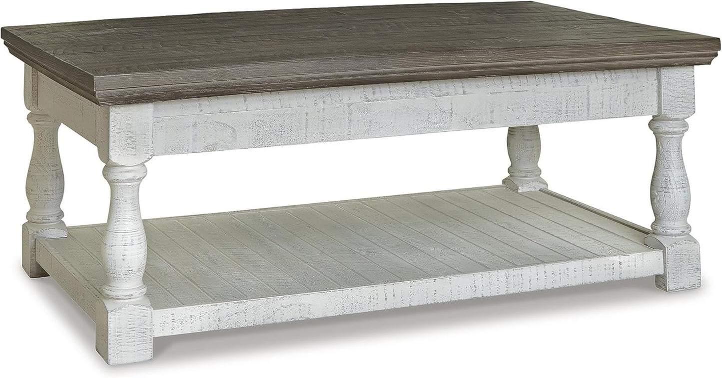 Havalance Farmhouse Lift Top Coffee Table with Fixed Shelf and 2 Hidden Storage Trays, Gray & White with Weathered Finish