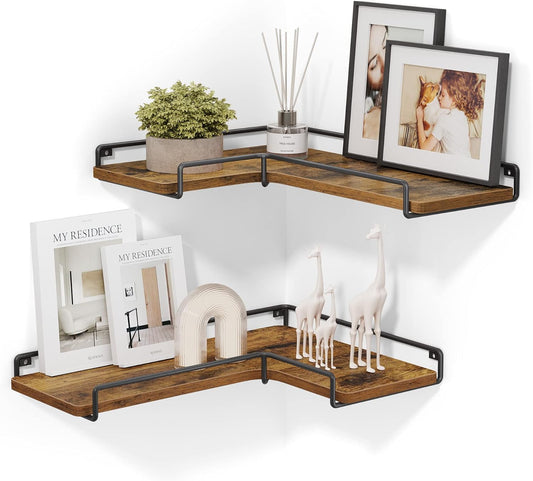 Corner Shelf Wall Mount Set of 2, Floating Shelves, Small Wall Shelf for Decor Storage, for Living Room Bedroom Kitchen Bathroom, Rustic Brown and Black ULLS831B01