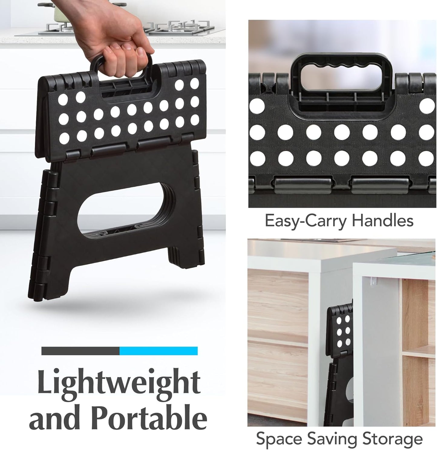 Folding Step Stool - Sturdy Enough Collapsible Stool to Support Adults and Safe Enough for Kids - Opens Easy with One Flip - Great for Kitchen, Bathroom or Bedroom (Black - 9 Inch)