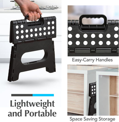 Folding Step Stool - Sturdy Enough Collapsible Stool to Support Adults and Safe Enough for Kids - Opens Easy with One Flip - Great for Kitchen, Bathroom or Bedroom (Black - 9 Inch)