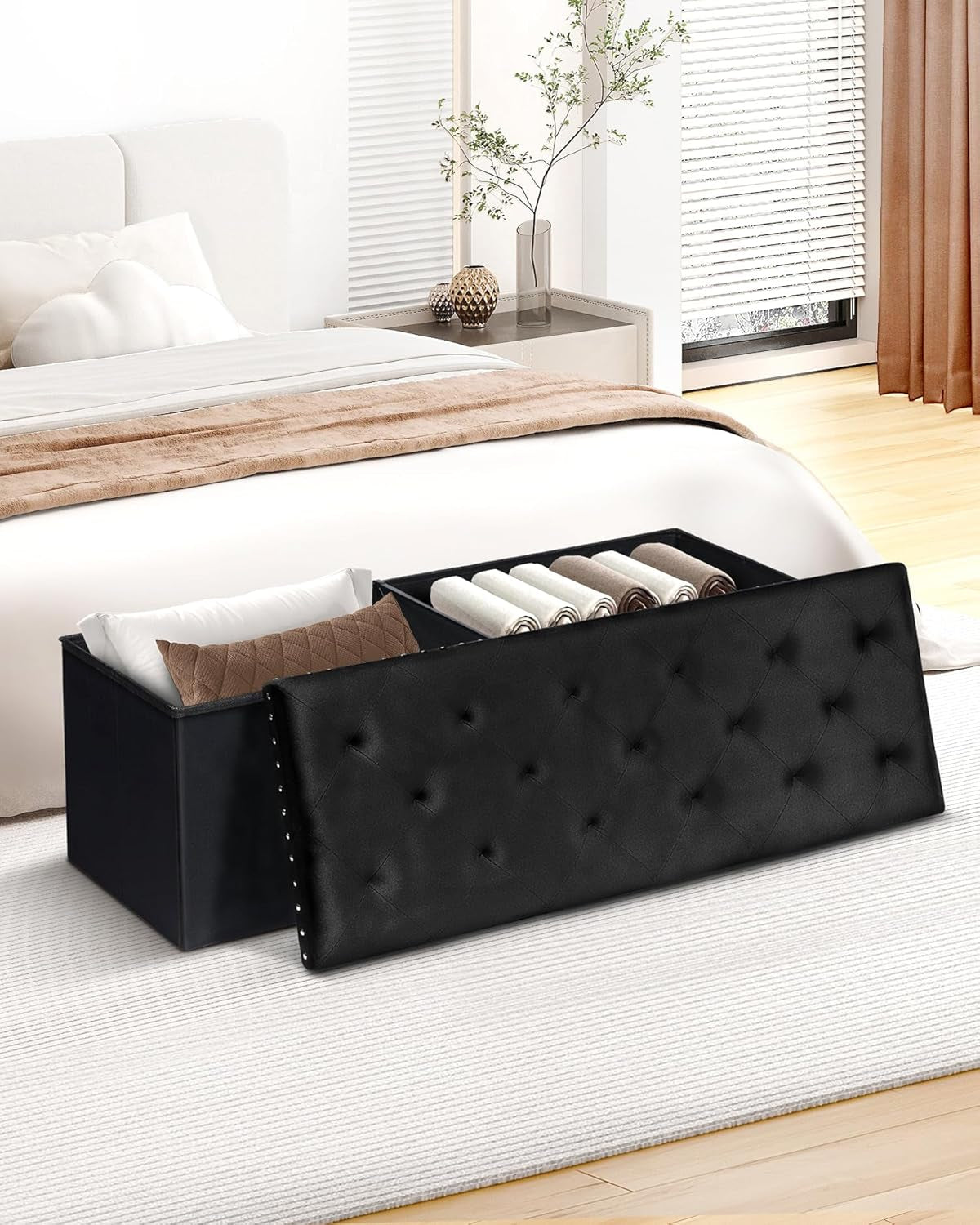 Storage Ottoman Bench, Folding Tufted Ottomans with Storage, Extra Large 140L Footrest Bench for Bedroom, Luxury Velvet Fabric 43 Inches Black