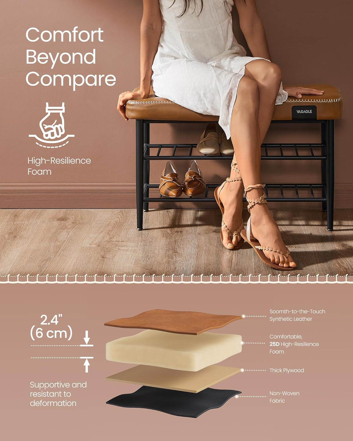 EKHO Collection - Shoe Rack Bench, Storage Bench for Entryway, Synthetic Leather with Stitching, Mid-Century Modern, Loads 300 Lb, 11.8 X 31.5 X 19.7 Inches, Caramel Brown ULSB054K01
