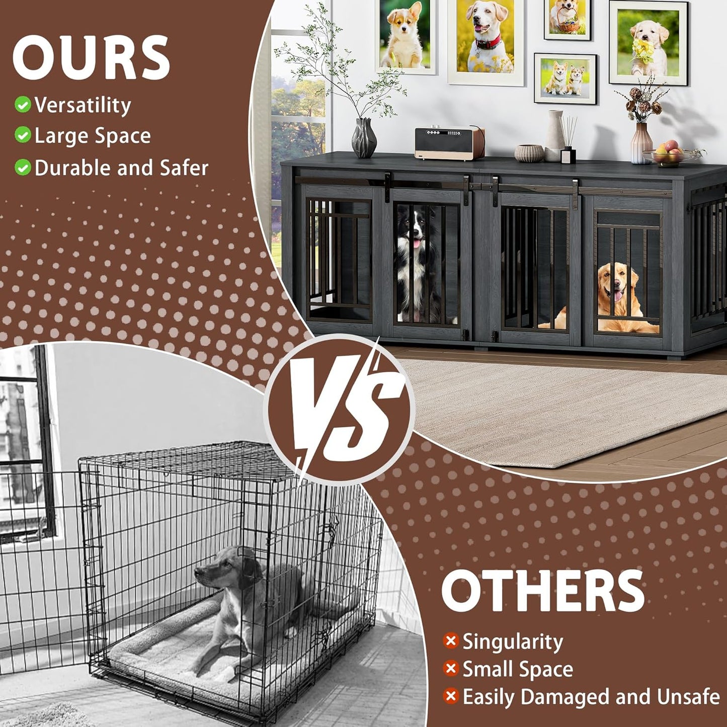 Large Dog Crate Furniture for 2 Dogs, 71.6'' Steel Frame Dog Crate with Double Doors, Heavy Sturdy Kennel for Small Medium Large Dogs, Indoor Double Dog Cage (Black)