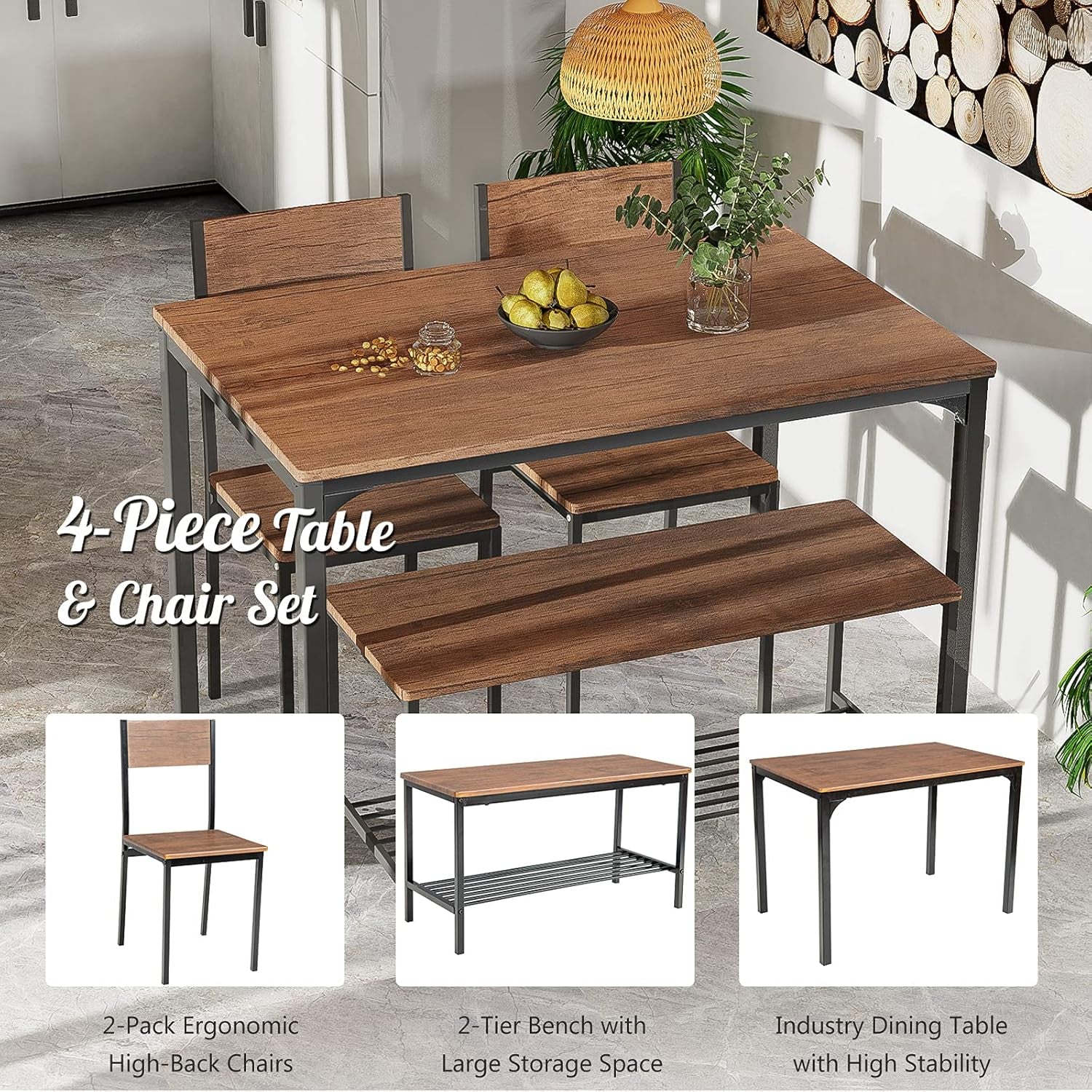 Dining Table Set for 4, 43" Kitchen Table and Chairs, Dining Bench with Metal Frame & Storage Rack, 4-Piece Modern Functional Desk Set for Dinette, Small Space, Apartment, Restaurant, Walnut