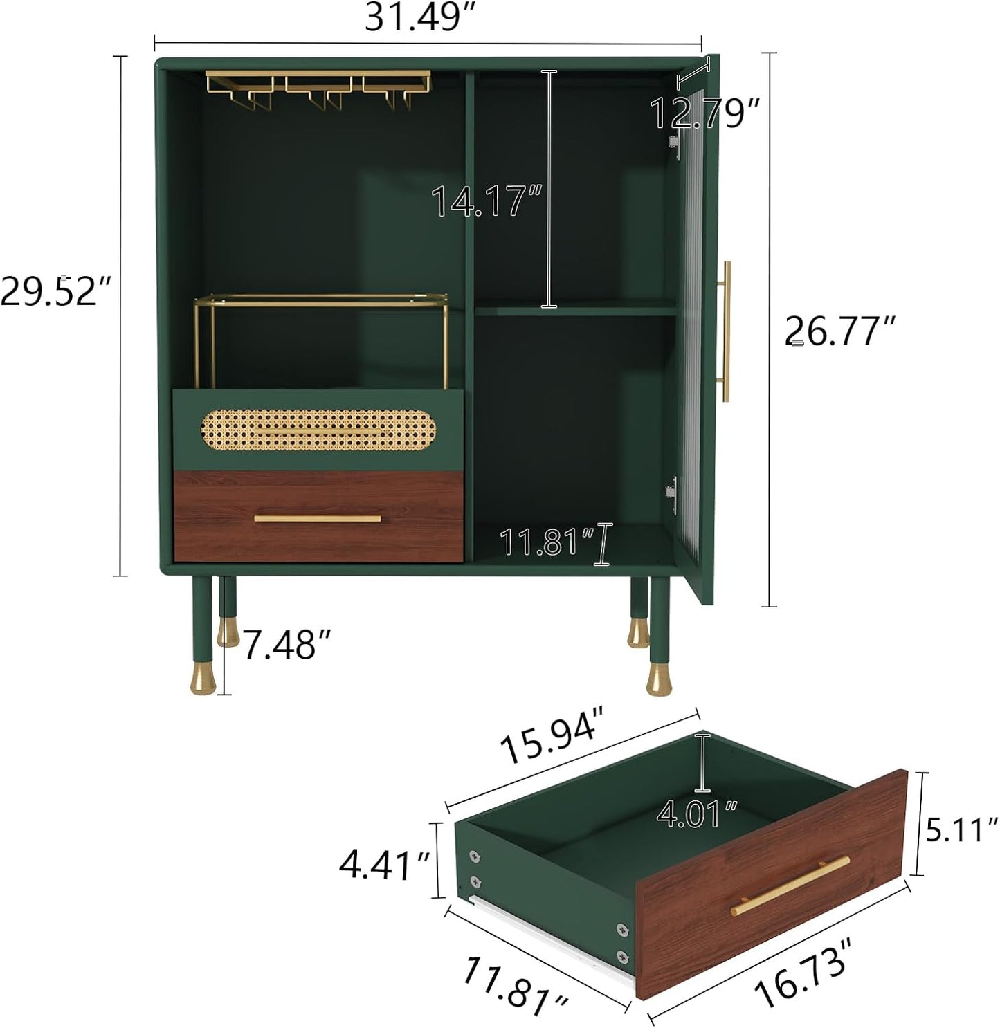 Modern Coffee Bar Cabinet with Wine Glass Rack and Drawers, Green Liquor Cabinet with Pull-Out Wine Storage for Kitchen, Dining Room, Living Room