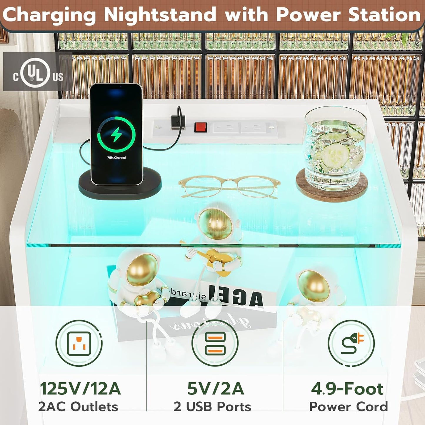 White Nightstand with Charging Station and LED Lights, 2 Drawers LED Night Stand with Tempered Glass Tabletop, Modern End Side Tables with Pull-Out Tray, Open Storage Bedside Tables