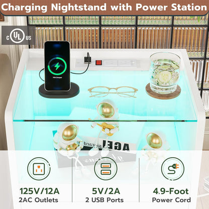 White Nightstand with Charging Station and LED Lights, 2 Drawers LED Night Stand with Tempered Glass Tabletop, Modern End Side Tables with Pull-Out Tray, Open Storage Bedside Tables