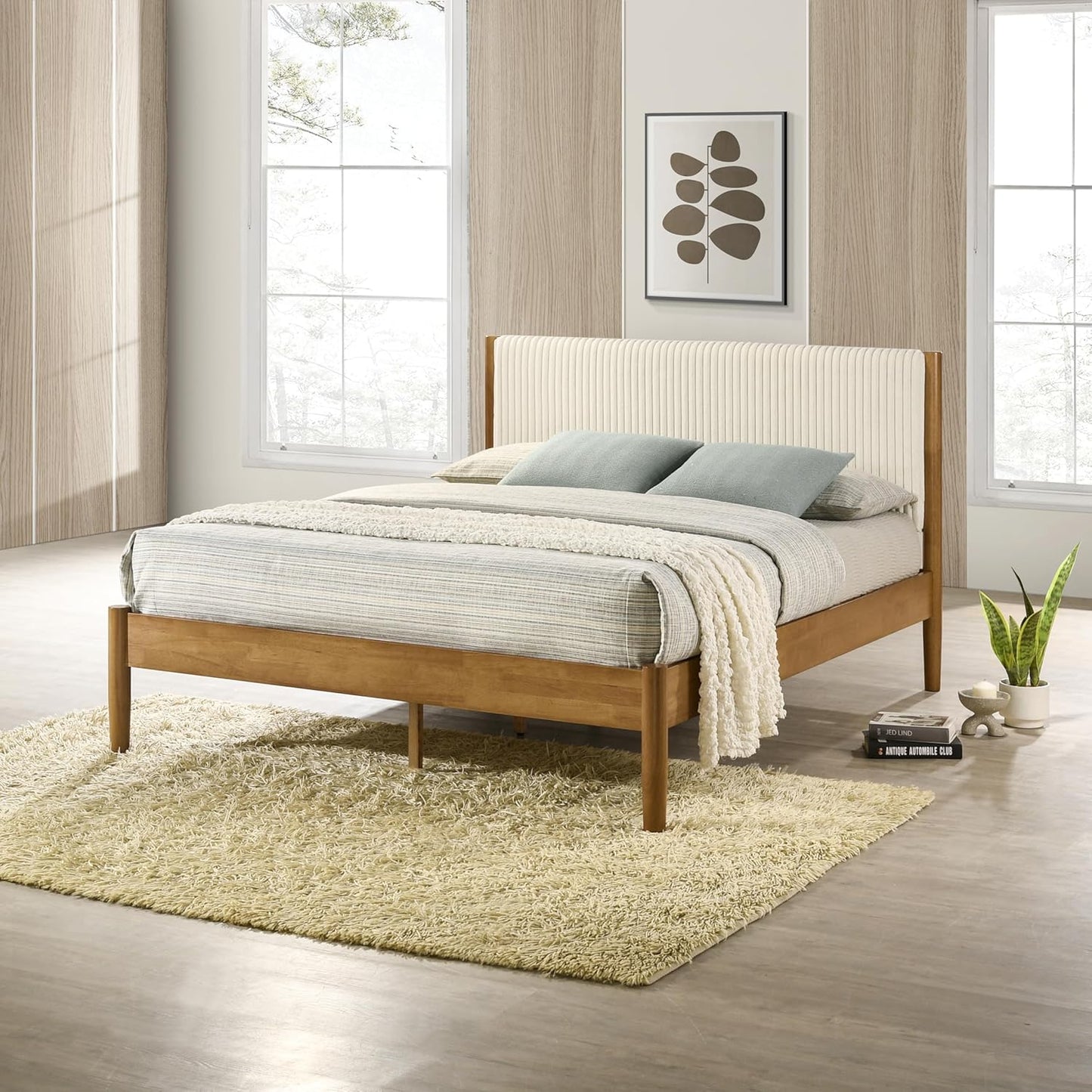 Vichy 2-Piece Rubberwood Bedroom Set with Upholstered Queen Bed and Nightstand, Corduroy