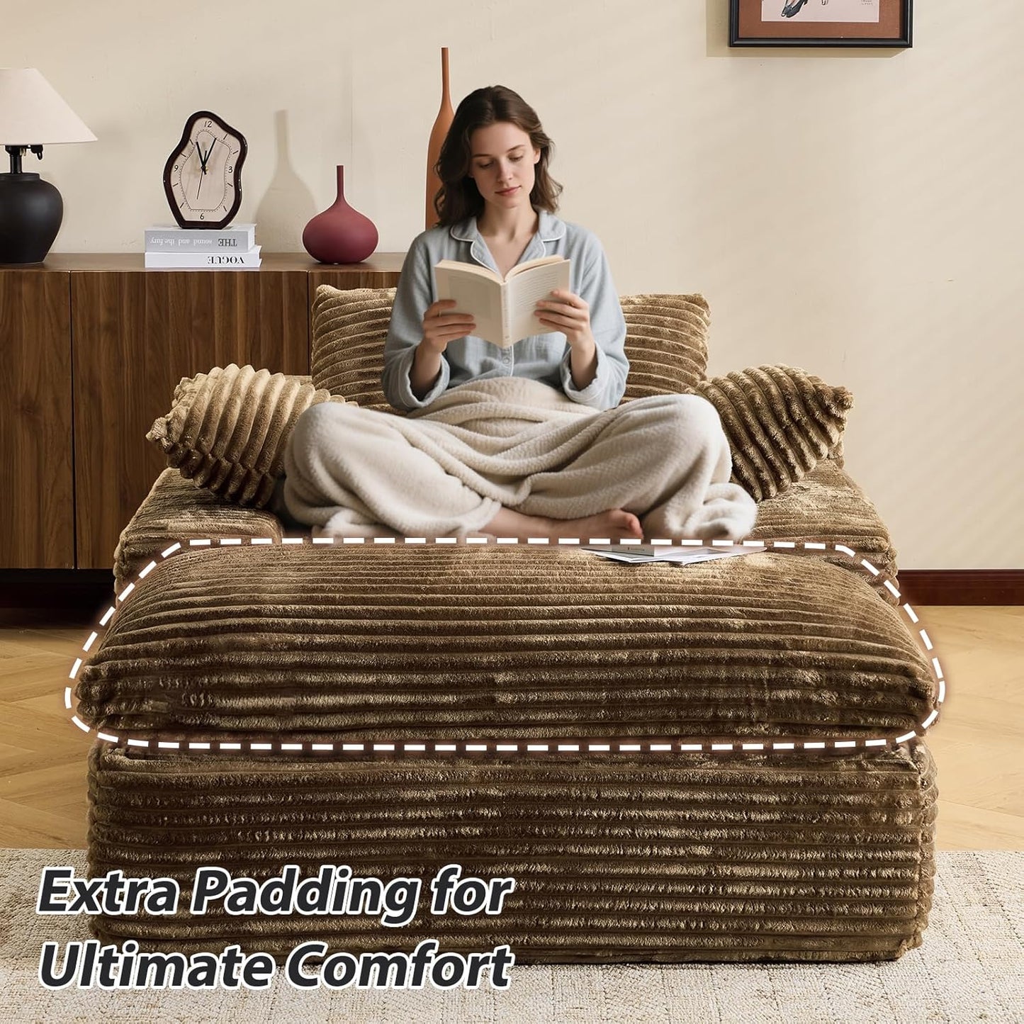 67 Inch Chaise Lounge Chair Indoor, Oversized Corduroy Upholstered Boneless Sofa Bed, Deep Seat Sleeper Couch Reading Chairs Cloud Sofas Couches for Living Room Bedroom, No Assembly Required, Brown