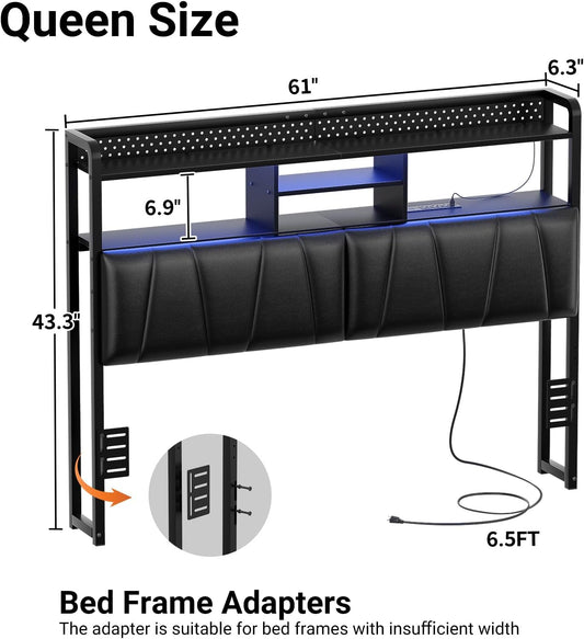 Headboard for Queen Size Bed Frame, Upholstered Head Board with Outlets, USB Ports and LED Light, Comfortable Leather Headboards with Storage Shelf, Sturdy Queen Bed Headboard Only, Black