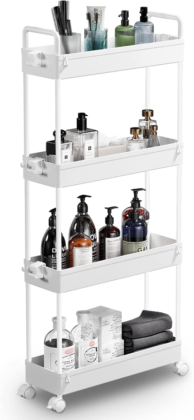 Slim Rolling Storage Cart with Wheels 4 Tier Skinny Bathroom Storage Organizer Narrow Shelf Unit Thin Laundry Room Utility Cart for Bedside Kitchen Office Next to Fridge Small Places, White