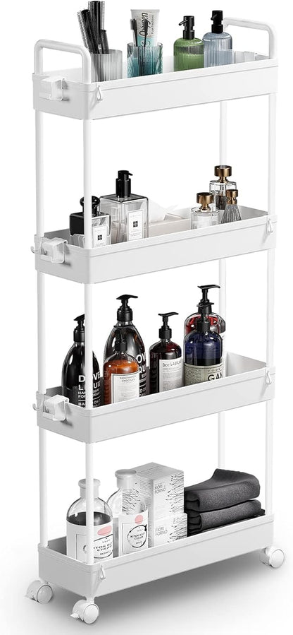 Slim Rolling Storage Cart with Wheels 4 Tier Skinny Bathroom Storage Organizer Narrow Shelf Unit Thin Laundry Room Utility Cart for Bedside Kitchen Office Next to Fridge Small Places, White
