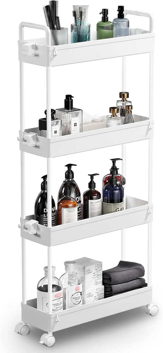 Slim Rolling Storage Cart with Wheels 4 Tier Skinny Bathroom Storage Organizer Narrow Shelf Unit Thin Laundry Room Utility Cart for Bedside Kitchen Office Next to Fridge Small Places, White