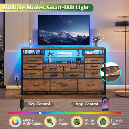 TV Stand for 55, 60, 65 Inch TV, Entertainment Center with LED Lights & Charging Station, TV Media Console Table with 15 Fabric Drawers and Open Shelves for Living Room, Hallway, Rustic Brown