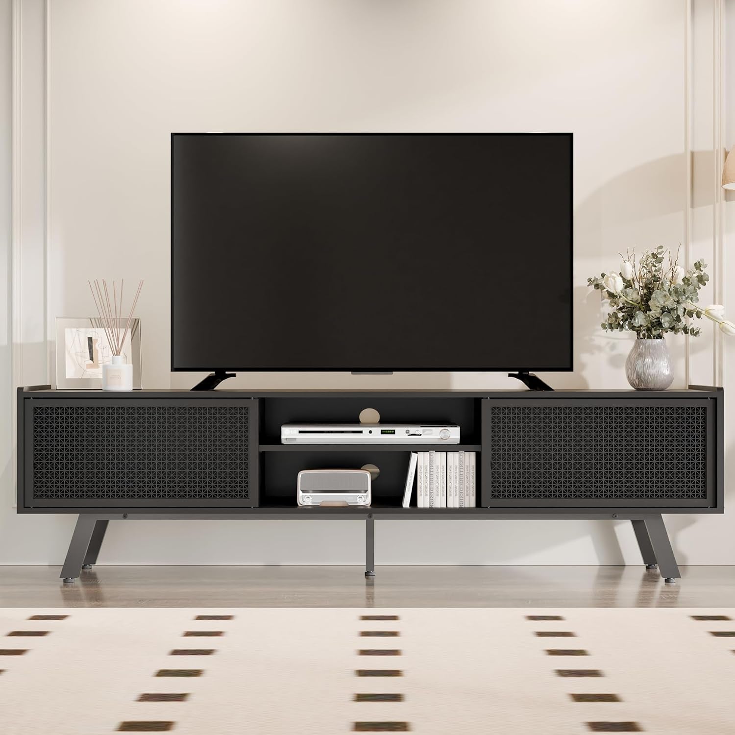 Black TV Stand for 65 70 Inch TV, Modern Iron Rattan TV Console with Sliding Door, Entertainment Center with Storage and Adjustable Shelves, Media Console for Living Room and Bedroom