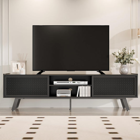 Black TV Stand for 65 70 Inch TV, Modern Iron Rattan TV Console with Sliding Door, Entertainment Center with Storage and Adjustable Shelves, Media Console for Living Room and Bedroom